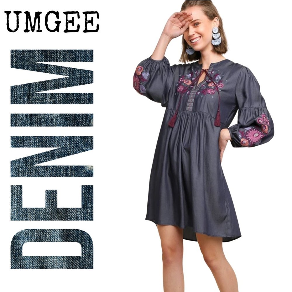 UMGEE Denim Floral Embroidered Dress